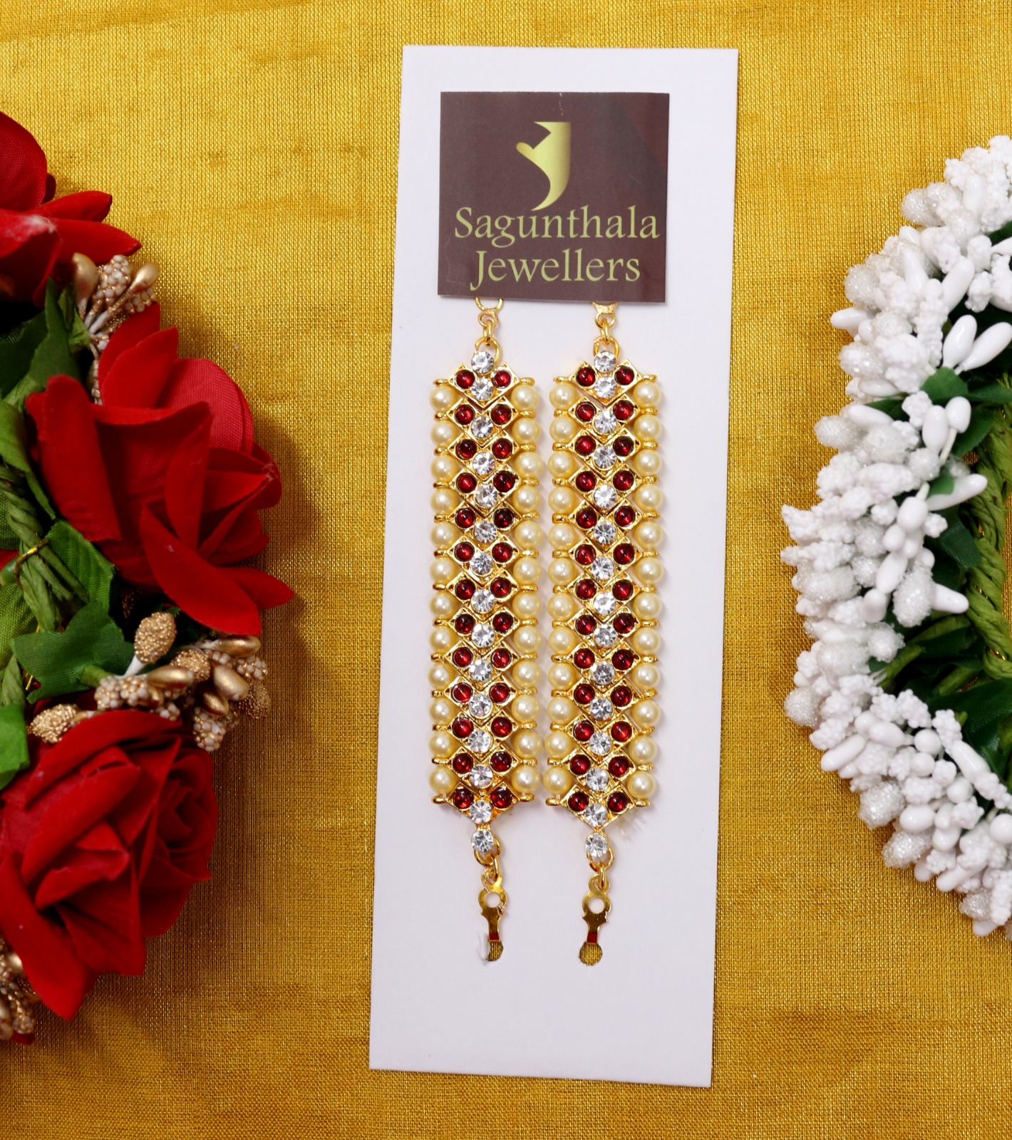Brass Gold Plated Ear Mattal with Red Kempstones | Traditional Ear Chains for Bridal & Classical Dance