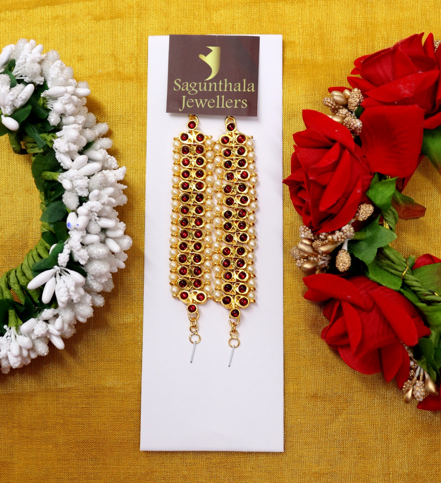 Brass Temple Ear Mattal – Gold Plated Ear Chains with Red Kemp Stones | Traditional Bridal & Bharatanatyam Accessory