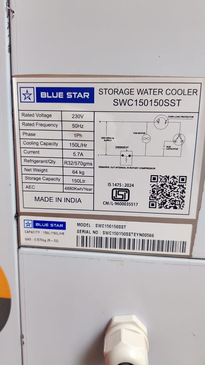 Blue Star Storage Water Cooler SWC Series-SWC150150SST Technical specification at back Blue Star Storage Water Cooler SWC Series-SWC150150SST Technical specification at back