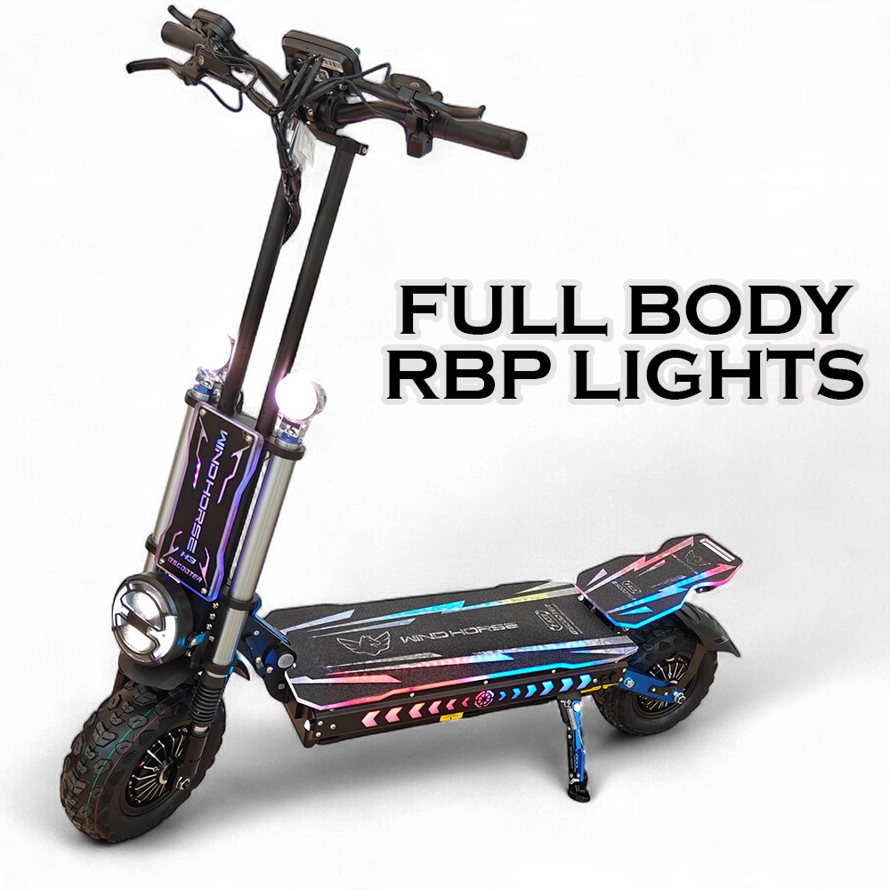 WINDHORSE H3 Powerful Electric Scooter 3000W Dual Motor – 60V 40Ah Battery, 85 KM/H Max Speed, 120 KM Range – 13 Inches Tires, Hydraulic Brakes, Dual Suspension, Full Body RGB Lights WINDHORSE H3 Powerful Electric Scooter 3000W Dual Motor – 60V 40Ah Battery, 85 KM/H Max Speed, 120 KM Range – 13 Inches Tires, Hydraulic Brakes, Dual Suspension, Full Body RGB Lights
