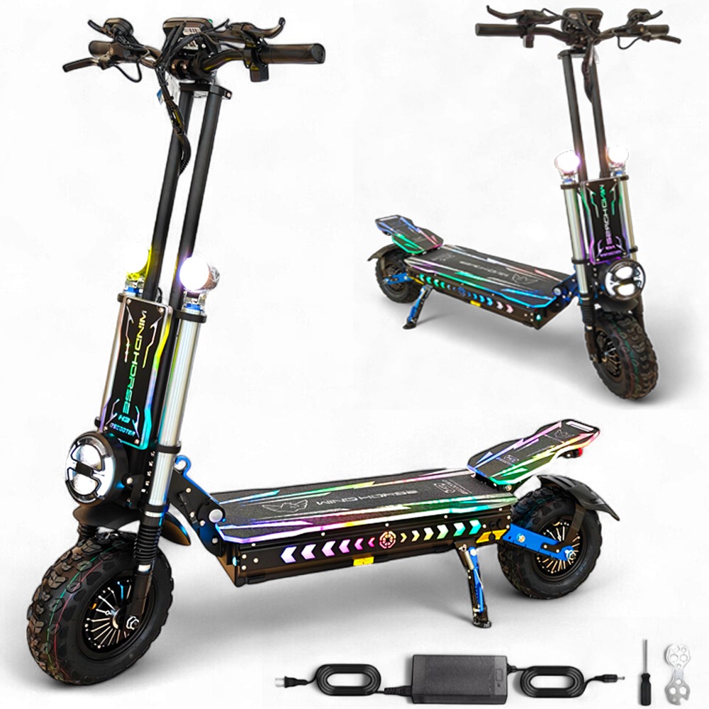 WINDHORSE H3 Powerful Electric Scooter 3000W Dual Motor – 60V 40Ah Battery, 85 KM/H Max Speed, 120 KM Range – 13 Inches Tires, Hydraulic Brakes, Dual Suspension, Full Body RGB Lights