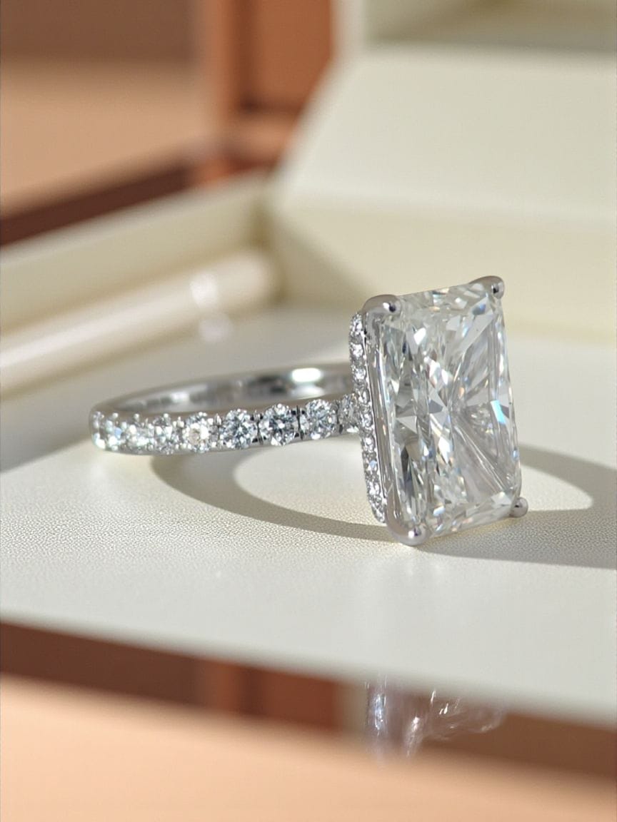4.06 Ct Radiant Cut Lab-Grown Diamond Solitaire Ring with Hidden Halo