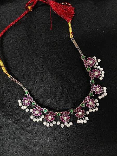 Margam Temple Jewellery – Gopuram Necklace | Copper Black Antique Finish with Real Kempstones