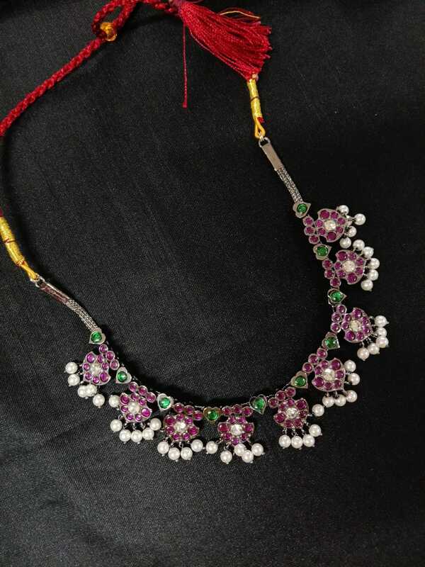 Margam Temple Jewellery – Gopuram Necklace | Copper Black Antique Finish with Real Kempstones