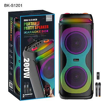 AudioBop BK-S1201 200W Dual 12.5" Portable Party Speaker with Bluetooth, RGB Lights, 2 Wireless Microphones & Remote