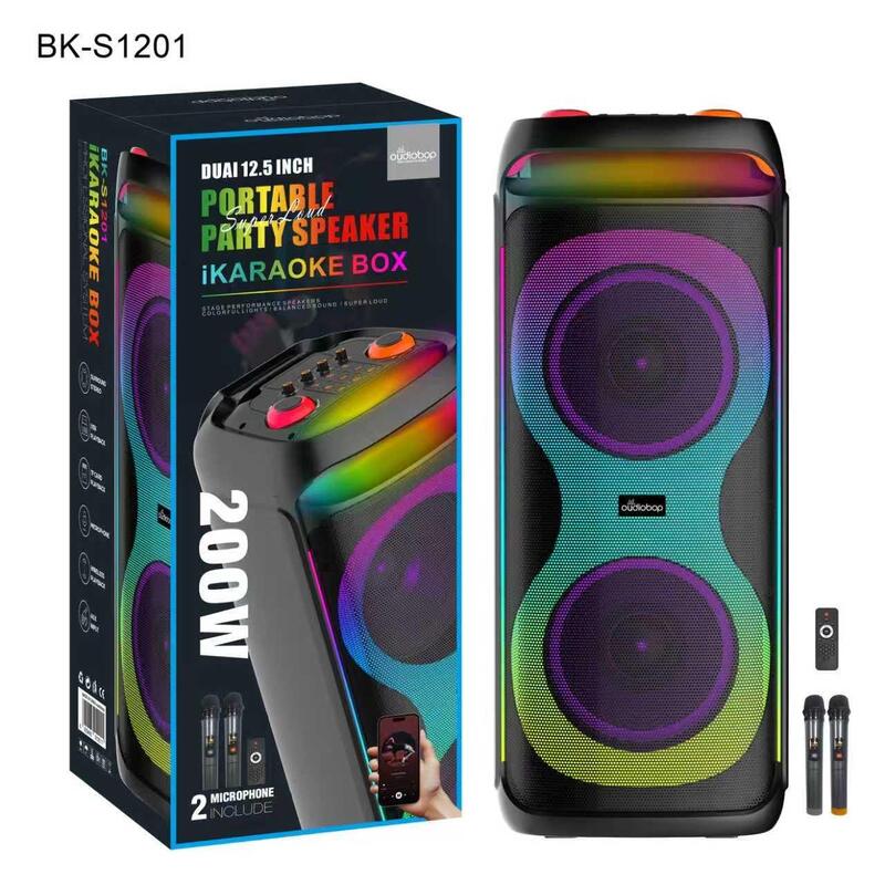 AudioBop BK-S1201 200W Dual 12.5" Portable Party Speaker with Bluetooth, RGB Lights, 2 Wireless Microphones & Remote