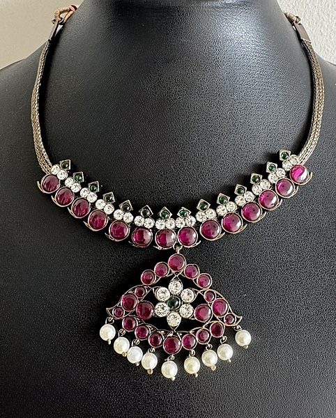 Margam Temple Jewellery – Mango Inspired Attiga Necklace | Black Antique Copper Finish with Real Kempstones