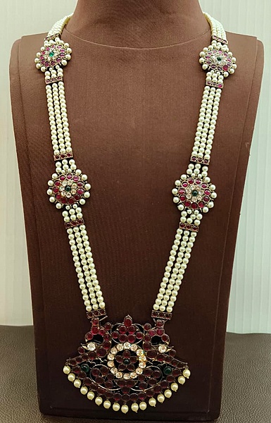 Margam Temple Jewellery - Black Anique Finish Real Kemp & Pearls Haram & Pathakam Pendant