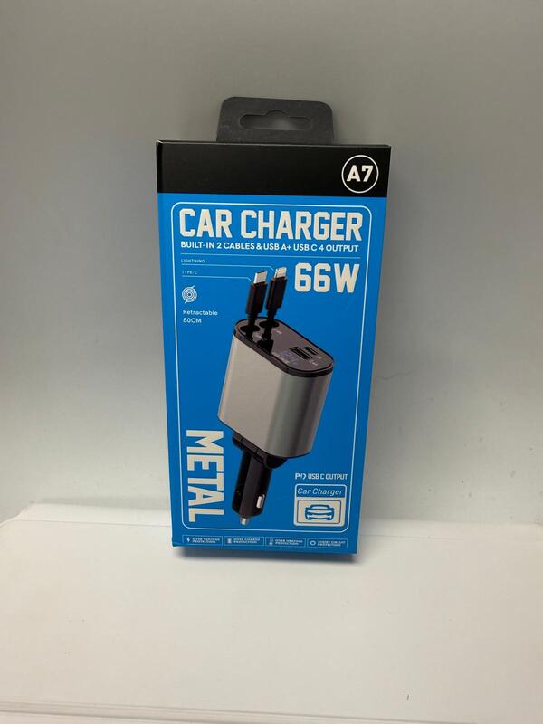 A7 66W Metal Car Charger with Dual Built-in Cables & 4-Port Output