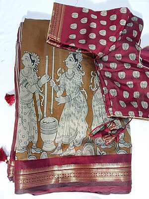 J475: Ready To Ship Beautiful Kalamkari Saree With Stitched Blouse