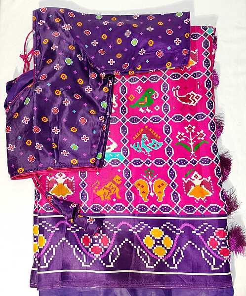 J459: Ready To Ship Beautifu Designer Modal Silk Saree In Patola Design With Stitched Blouse