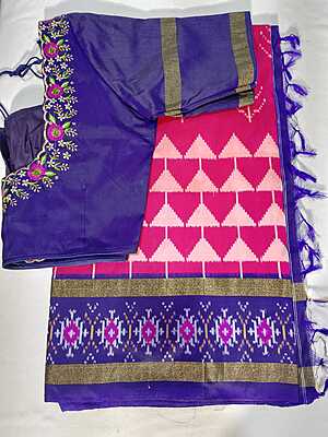 J461: Ready To Ship Beautiful Pure Ikkat Saree With Stitched Embroidery Work Blouse