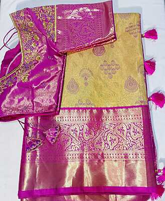 J462: Ready To Ship Beautiful Semi Kanchipattu Saree With Stitched Embroidery Work Blouse