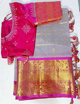 J464: Ready To Ship Beautiful Mangalagiri Saree With Stitched Embroidery Work Blouse