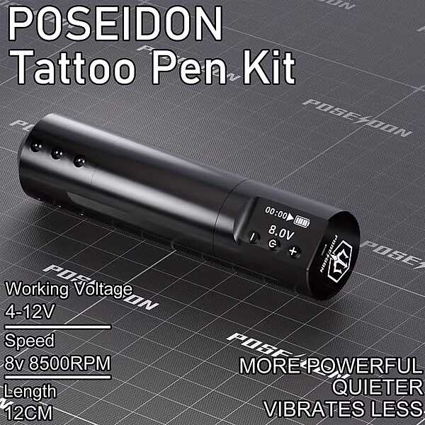 Poseidon short pen adjustable stroke length wireless tattoo pen + extra battery
