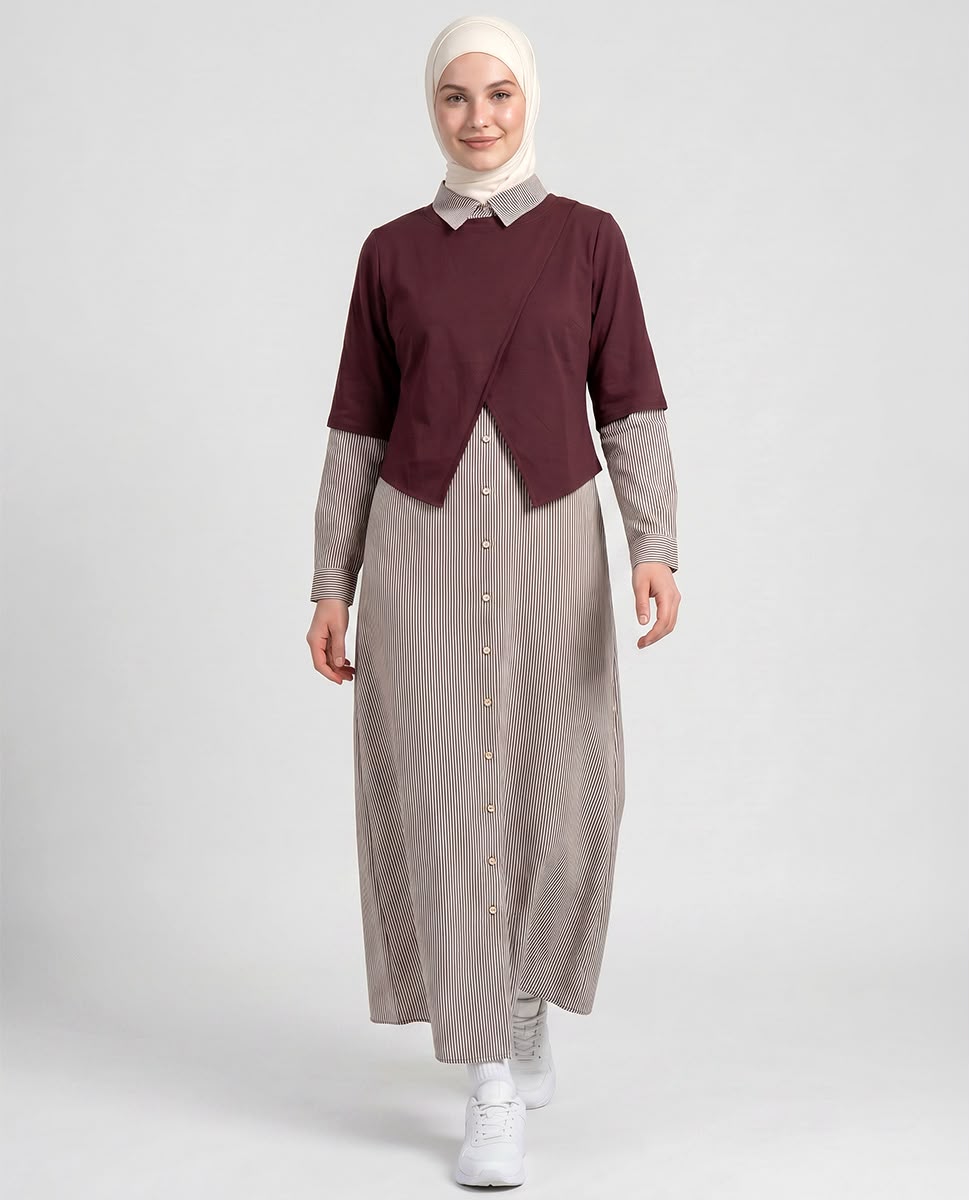 MAROON STRIPES SHIRT WITH JACKET JILBAB