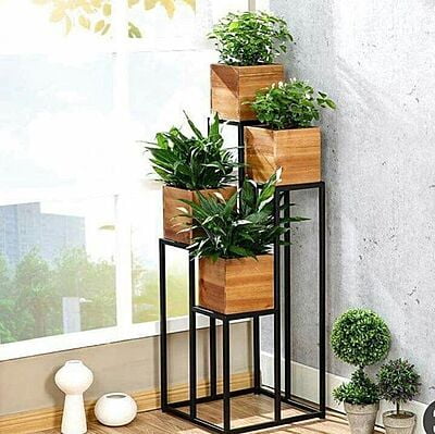 4 Tier Metal Plant Stand with Wooden Planters | Indoor & Outdoor Flower Stand