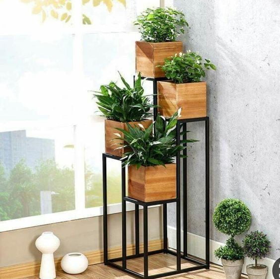 4 Tier Metal Plant Stand with Wooden Planters | Indoor & Outdoor Flower Stand 4 Tier Metal Plant Stand with Wooden Planters | Indoor & Outdoor Flower Stand