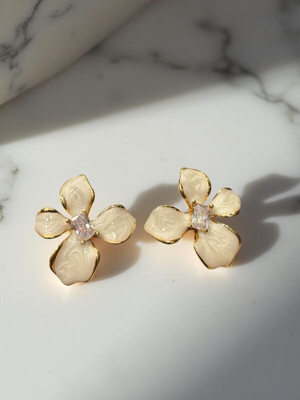 White Enamel Flower Studs
