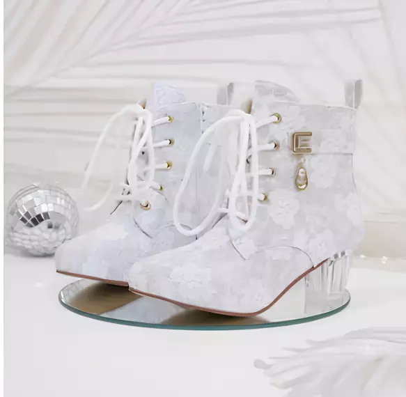 White Lace Ankle Boot with Gold Accents NEW