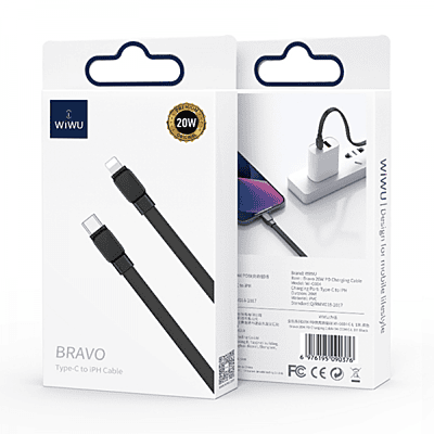 WIWU WI-C004 BRAVO 20W PD TYPE-C TO LIGHTNING FLAT CHARGING CABLE 1M - BLACK