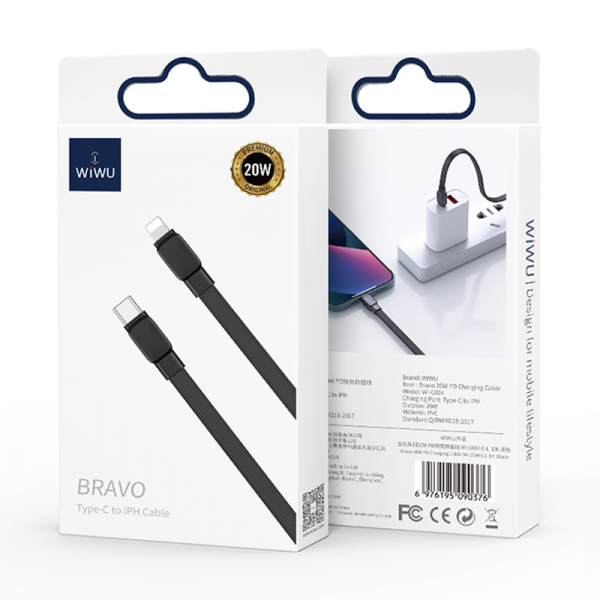 WIWU WI-C004 BRAVO 20W PD TYPE-C TO LIGHTNING FLAT CHARGING CABLE 1M - BLACK