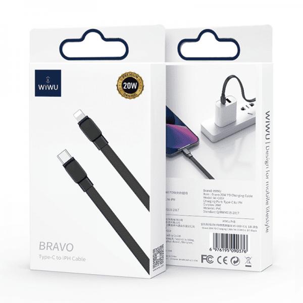 WIWU WI-C004 BRAVO 20W PD TYPE-C TO LIGHTNING FLAT CHARGING CABLE 1M - BLACK