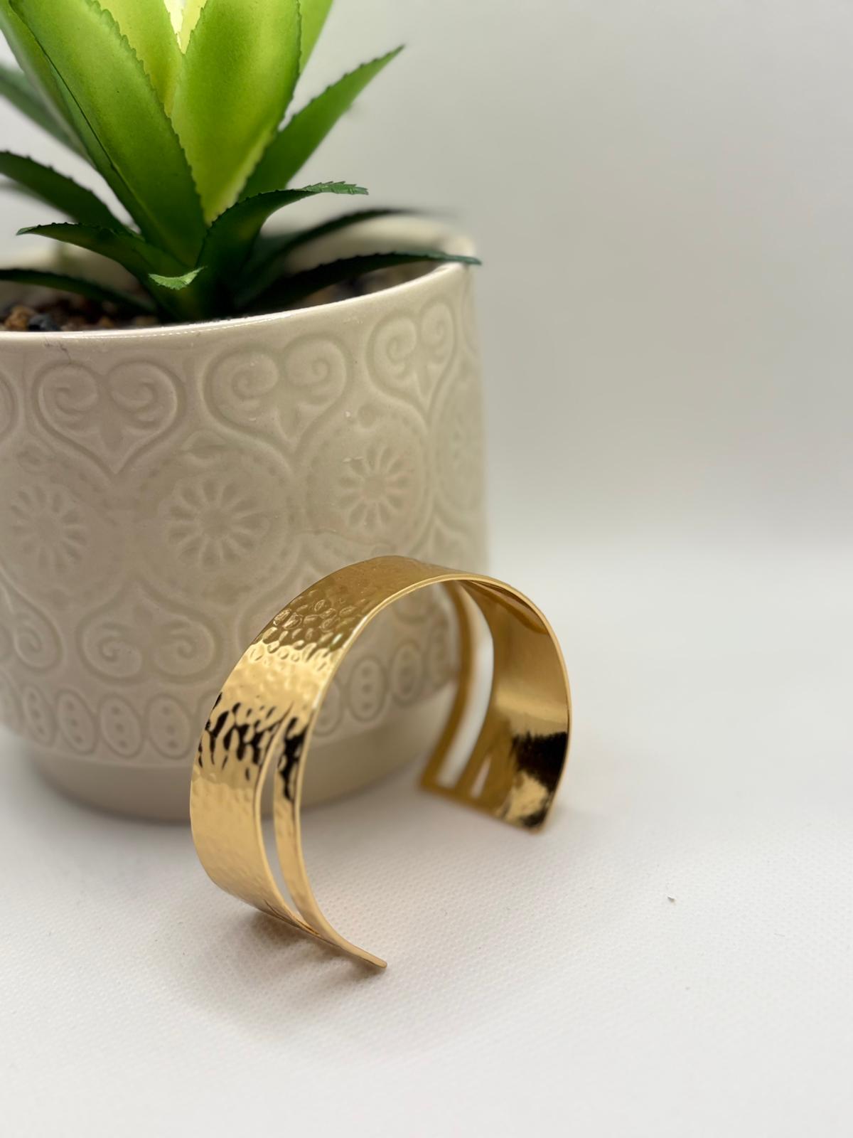 Wide Gold Hammered Open Cuff Bangle