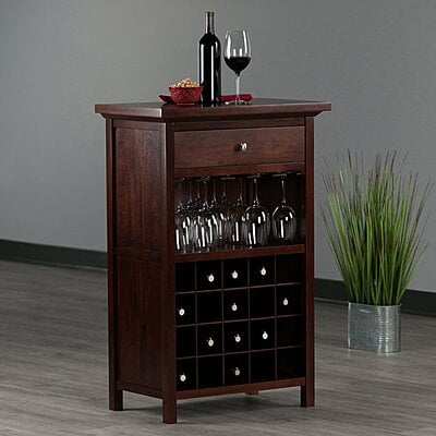 Compact Wooden Wine Bar Cabinet | Liquor Rack with Glass Holders & Drawer