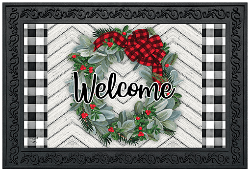 Winter Wreath Welcome Doormat – Buffalo Plaid Holiday Entry Mat