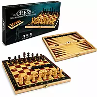 3-in-1 Wooden Chess, Backgammon & Checkers Set – Folding Board Game – Classic Strategy Game for Kids & Adults