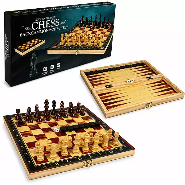 3-in-1 Wooden Chess, Backgammon & Checkers Set – Folding Board Game – Classic Strategy Game for Kids & Adults