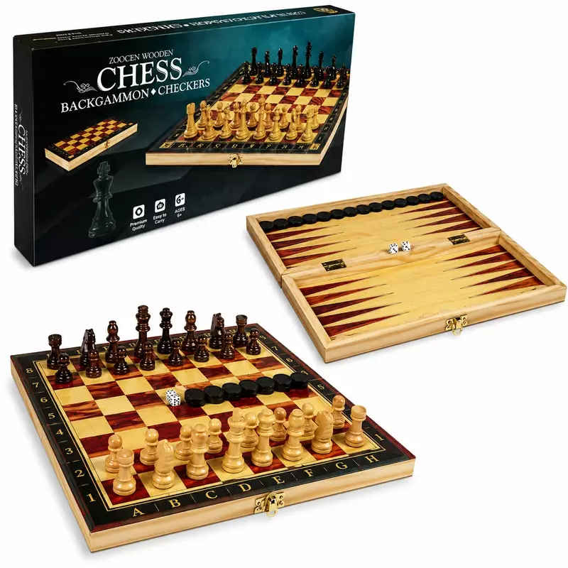 3-in-1 Wooden Chess, Backgammon & Checkers Set – Folding Board Game – Classic Strategy Game for Kids & Adults