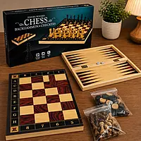 3-in-1 Wooden Chess, Backgammon & Checkers Set – Folding Board Game – Classic Strategy Game for Kids & Adults