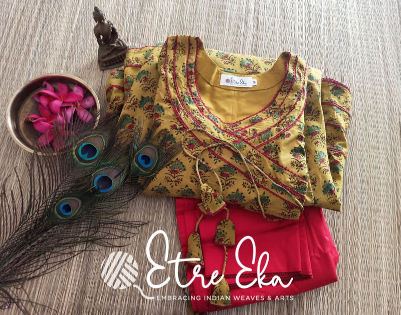 Ajrakh Hand Block Printed with Floral Prints/Designer Flared Kurti Set