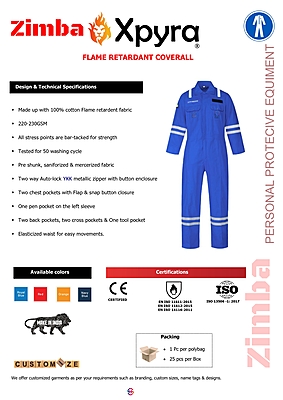 Zimba Xpyra Cotton Flame retardant coverall Zimba Xpyra Cotton Flame retardant coverall