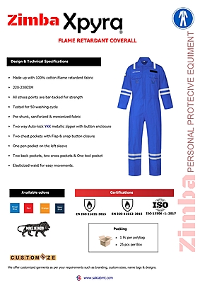 Zimba Xpyra Cotton Flame retardant coverall Zimba Xpyra Cotton Flame retardant coverall