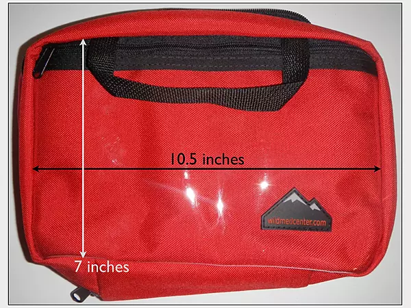 WMTC Expedition First Aid Pack measures 10.5 inches by 7 inches by 4 inches deep.