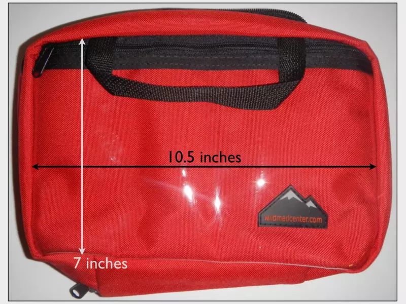 WMTC Expedition First Aid Pack measures 10.5 inches by 7 inches by 4 inches deep.