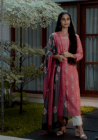 Double IKKAT Cotton Salwar Set /Light Pink-Whit-Grey/Slitted Top -Pencil Pant-IKKAT Dupatta