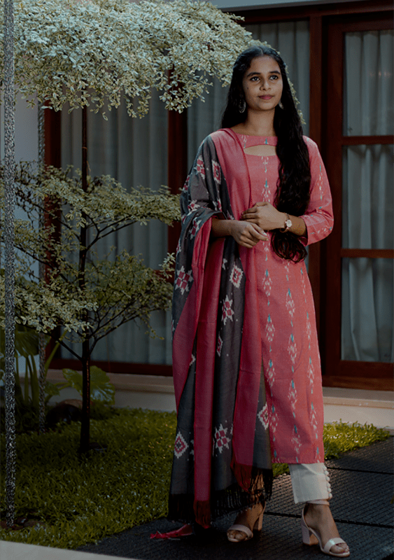 Double IKKAT Cotton Salwar Set /Light Pink-Whit-Grey/Slitted Top -Pencil Pant-IKKAT Dupatta