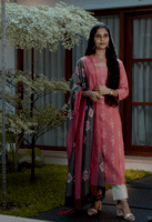 Double IKKAT Cotton Salwar Set /Light Pink-Whit-Grey/Slitted Top -Pencil Pant-IKKAT Dupatta