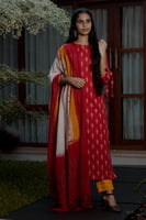 DOUBLE IKKAT HANDLOOM COTTON SALWAR SET/YELLOW-RED-WHITE/SLITTED & TIE ON SLEEVES TOP -PENCIL PANT-IKKAT DUPATTA