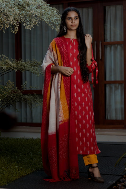 DOUBLE IKKAT HANDLOOM COTTON SALWAR SET/YELLOW-RED-WHITE/SLITTED & TIE ON SLEEVES TOP -PENCIL PANT-IKKAT DUPATTA