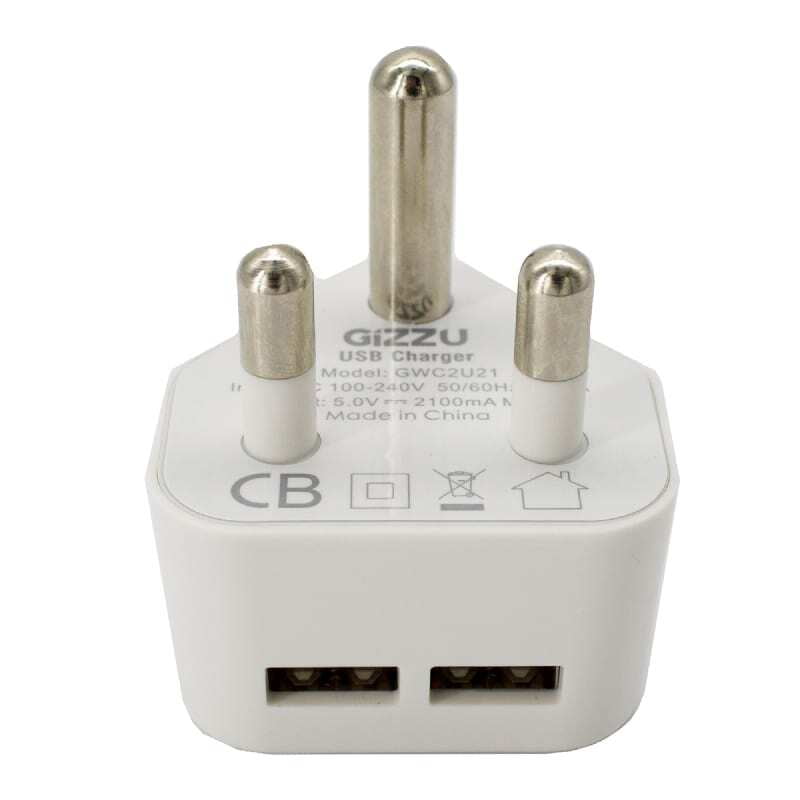GWC2U21 GIZZU 2 USB 3Prong Wall Charger White GWC2U21 GIZZU 2 USB 3Prong Wall Charger White