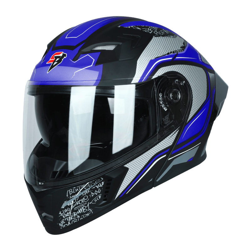 STEELBIRD SBA-20 ISS RACER MATT BLACK/BLUE C/V 580 MM WITH EXTRA SMOKE VISOR, BLACK SPOILER