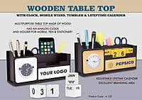 Wooden Table Top With Clock, Mobile Stand, Tumbler, And Lifetime Calendar