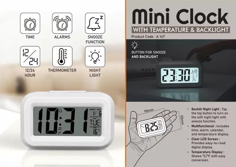 Mini Clock with Temperature & Backlight