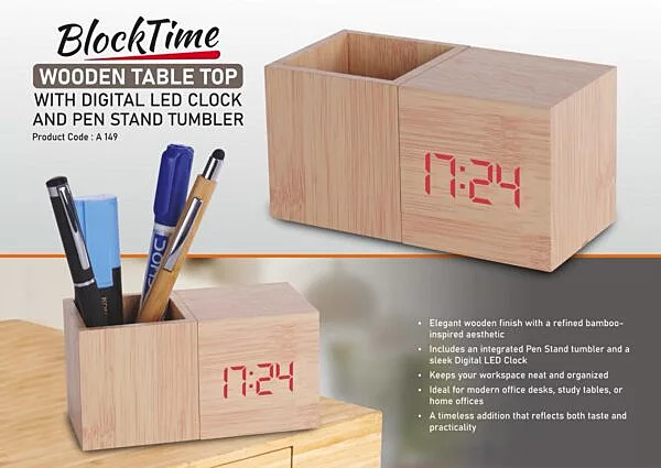 BlockTime: Wooden Table Top with Digital LED Clock and Pen Stand tumbler