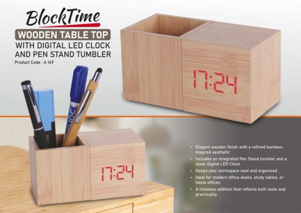 BlockTime: Wooden Table Top with Digital LED Clock and Pen Stand tumbler